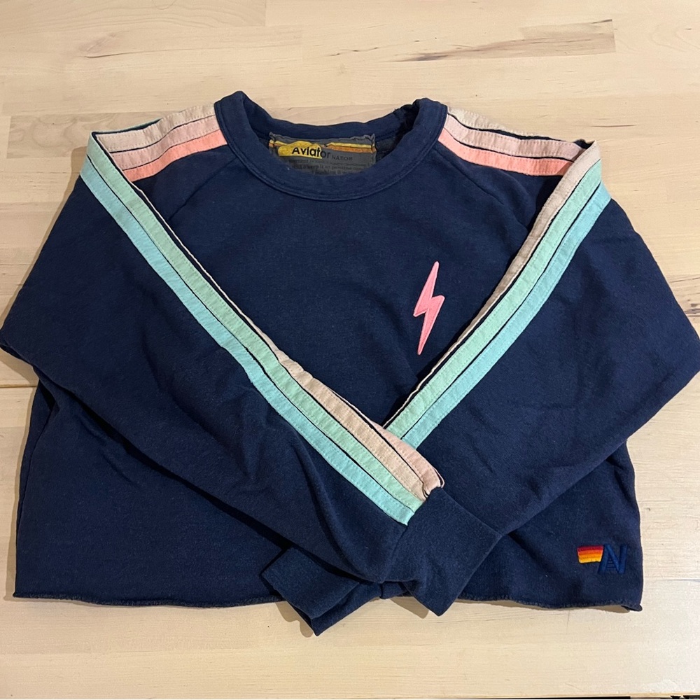 RARE Aviator Nation Classic Cropped Bolt Embroidery Sweatshirt - Navy Pink - S